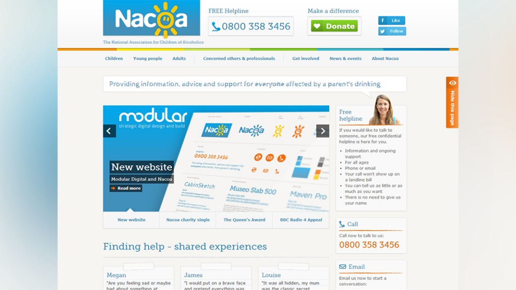 Screenshot of Nacoa website homepage when launched in 2013