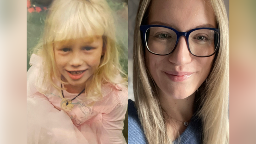 Photo of Ashleigh as a child in pink dress on left and a woman wearing glasses on right to show her Breaking the Silence from Childhood into Adulthood of being the child of an alcoholic