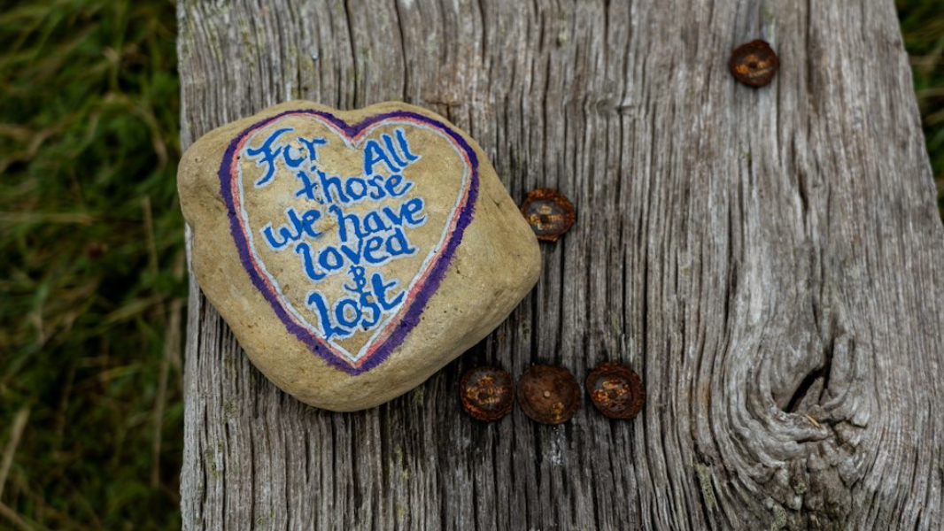 Rock painted with words 'for all those we have loved and lost' on wood with grass in background, to let you know if you're a child of an alcoholic, it's not just you.