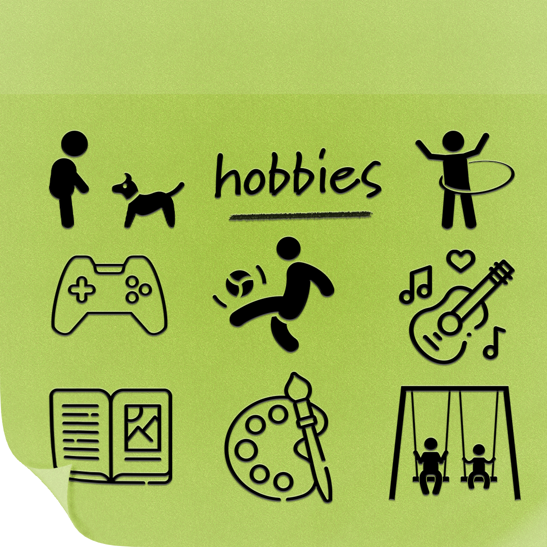 Black icons of hobbies including playing with dog, gaming, football, hula hooping, guitar, book, painting, playing on swing on green post-it-note as reminder of importance of continuing to do things you enjoy when coping with the death of a parent who had an alcohol problem