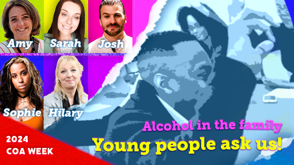 Illustration of young person with their hand up alongside photos of speakers for Alcohol in the family - Young People Ask Us livestream on multi-coloured background