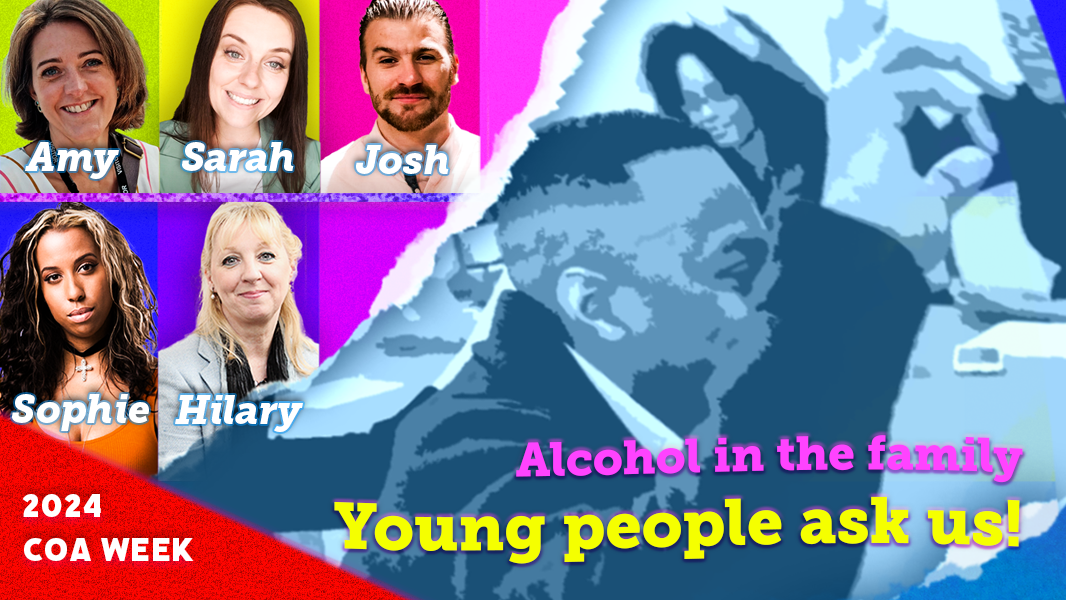 Illustration of young person with their hand up alongside photos of speakers for Alcohol in the family - Young People Ask Us livestream