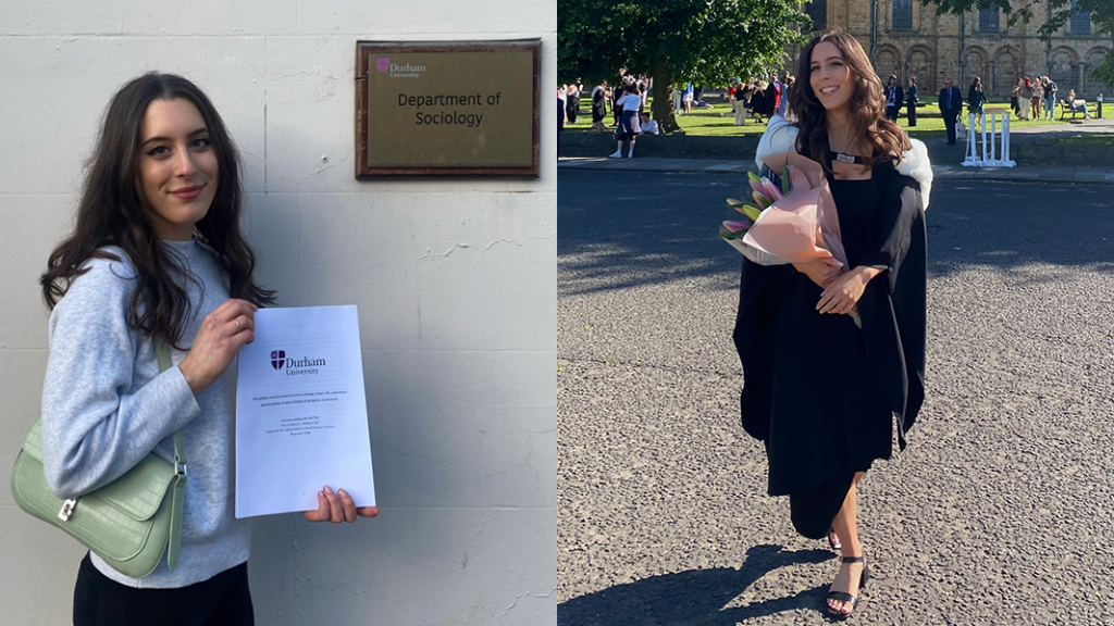 Student holding completed ACOAs at university dissertation in front of Department of Sociology sign and student wearing a graduation gown holding bouquet of flowers, highlighting the resilience of adult children of alcoholics