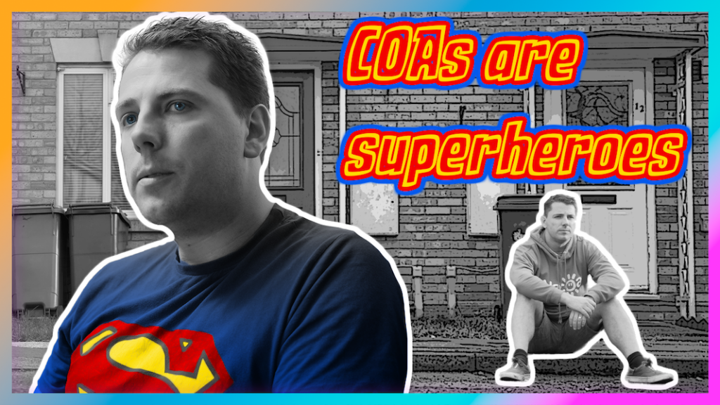 Martin Pratt in Superman t-shirt with text 'COAs are superheroes' for cover image of his video to raise awareness of problems faced by children of alcoholics