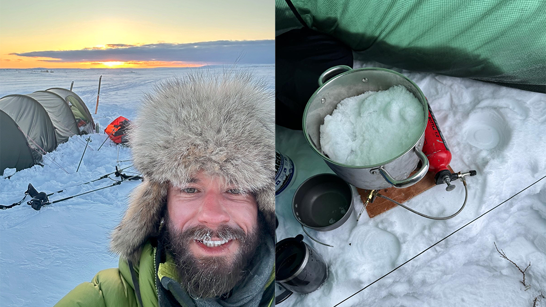 Tent and stove melting snow to drink for James McCorkindale as he crosses the Arctic for Nacoa