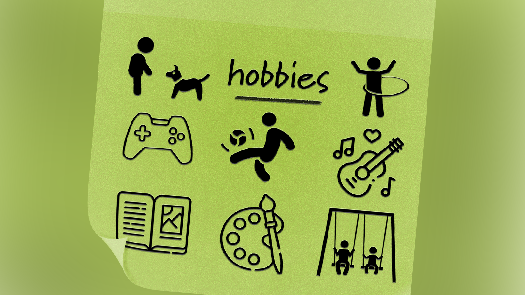 Suggestions of hobbies children may enjoy when granparents helping grandchildren affected by their parent's drinking - black icons for walking dog, hula-hooping, video games, football, guitar, painting, reading, play park, on green background