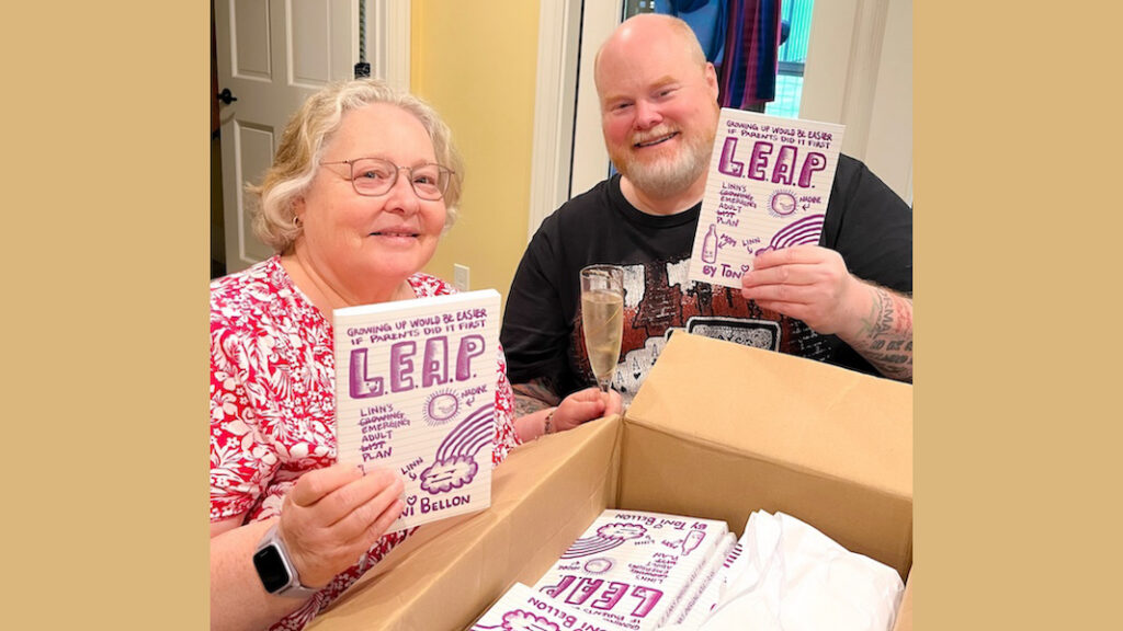 Author Toni Bellon and brother Joe opening box of L.E.A.P. books about growing up as the child of an alcoholic mother and co-dependent father